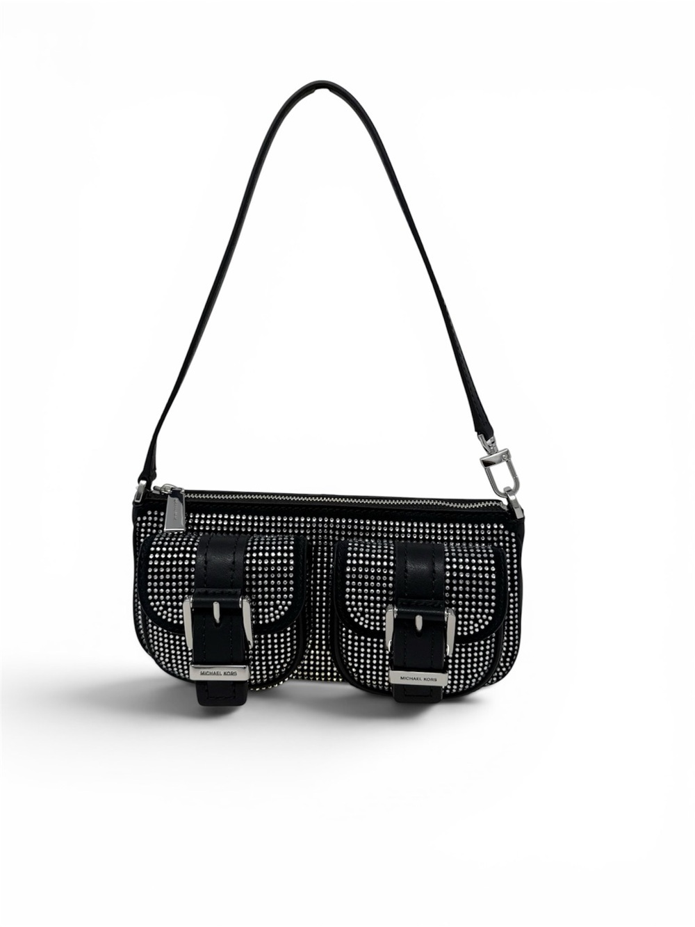 Michael Kors Zoe Black Rhinestone Suede Pochette Shoulder Bag Y2K